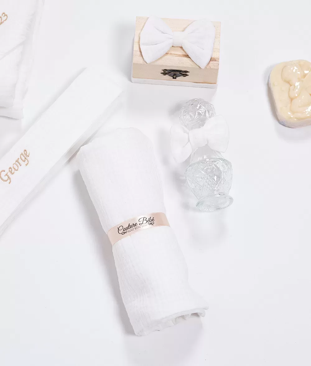 Trusou botez muselina alb personalizat