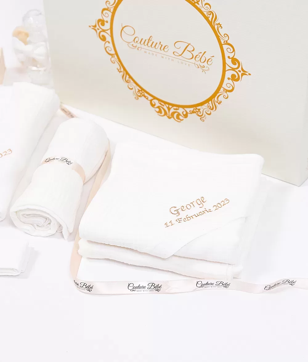 Trusou botez muselina alb personalizat