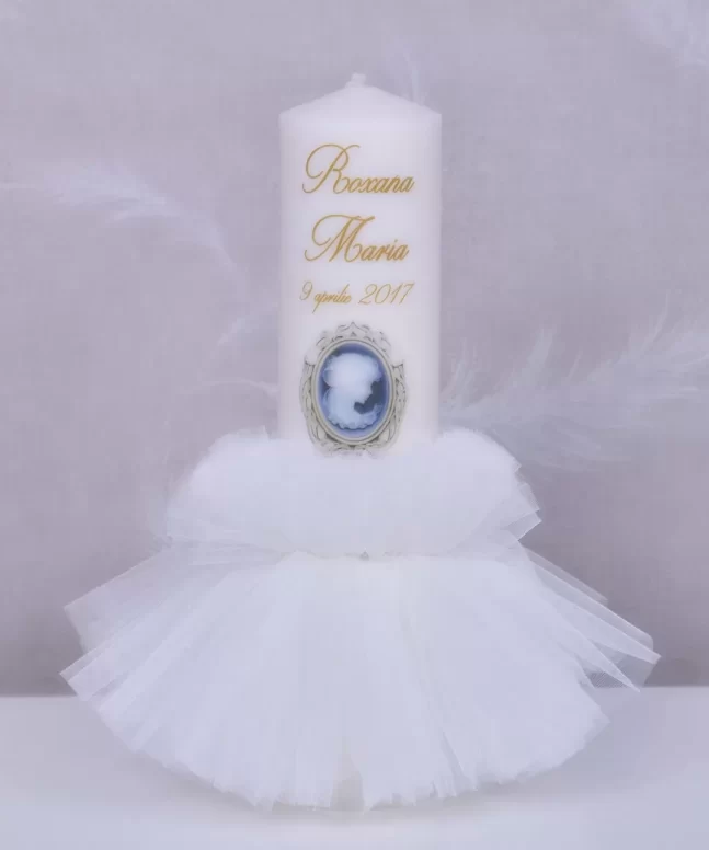 lumanare de botez camee pesonalizata cu tull fin